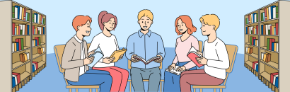 A group of people reading books.