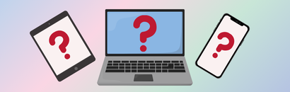 A tablet, laptop, and smartphone with question marks.