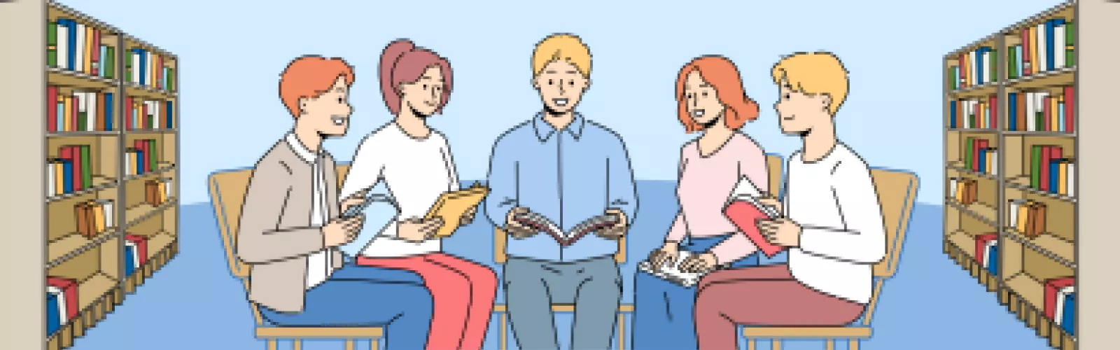 A group of people reading books.